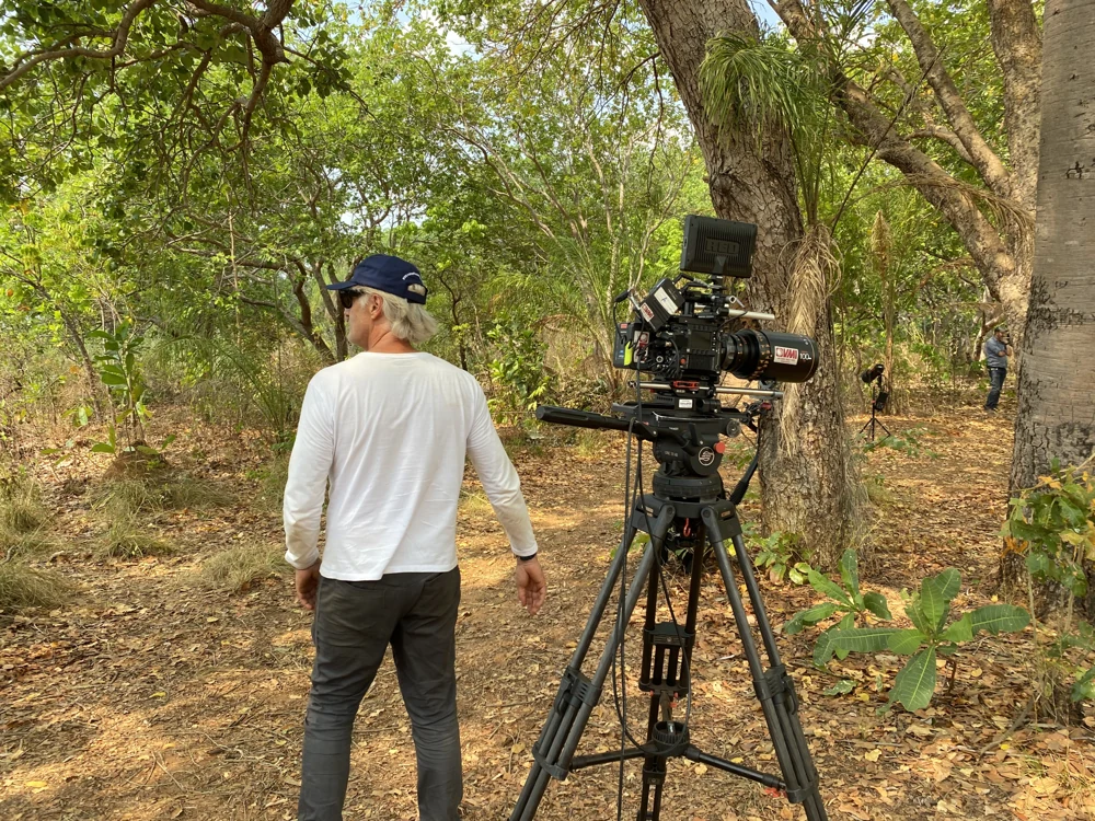 Câmera de cinema sobre tripé em uma área arborizada, com uma pessoa ao lado.